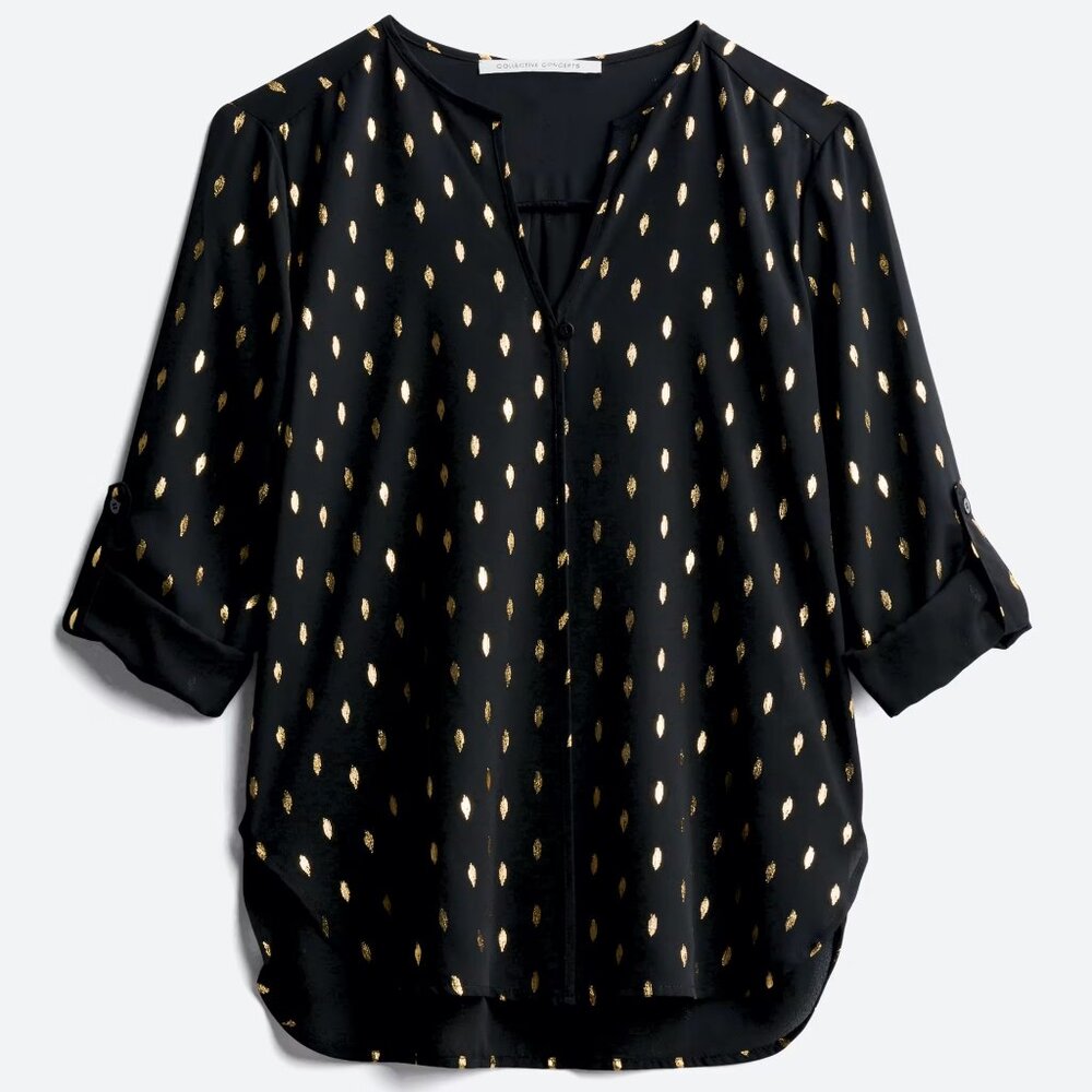 Collective Concepts Sarkise Single Button Blouse – L, Black and Gold Metallic